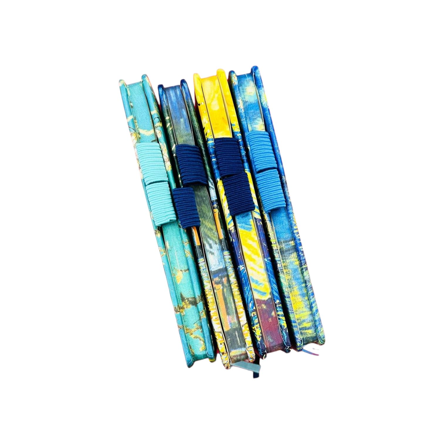 Elite Stationery House A6 Van Gogh hard cover notebooks with elastic closures in blue and yellow artistic patterns