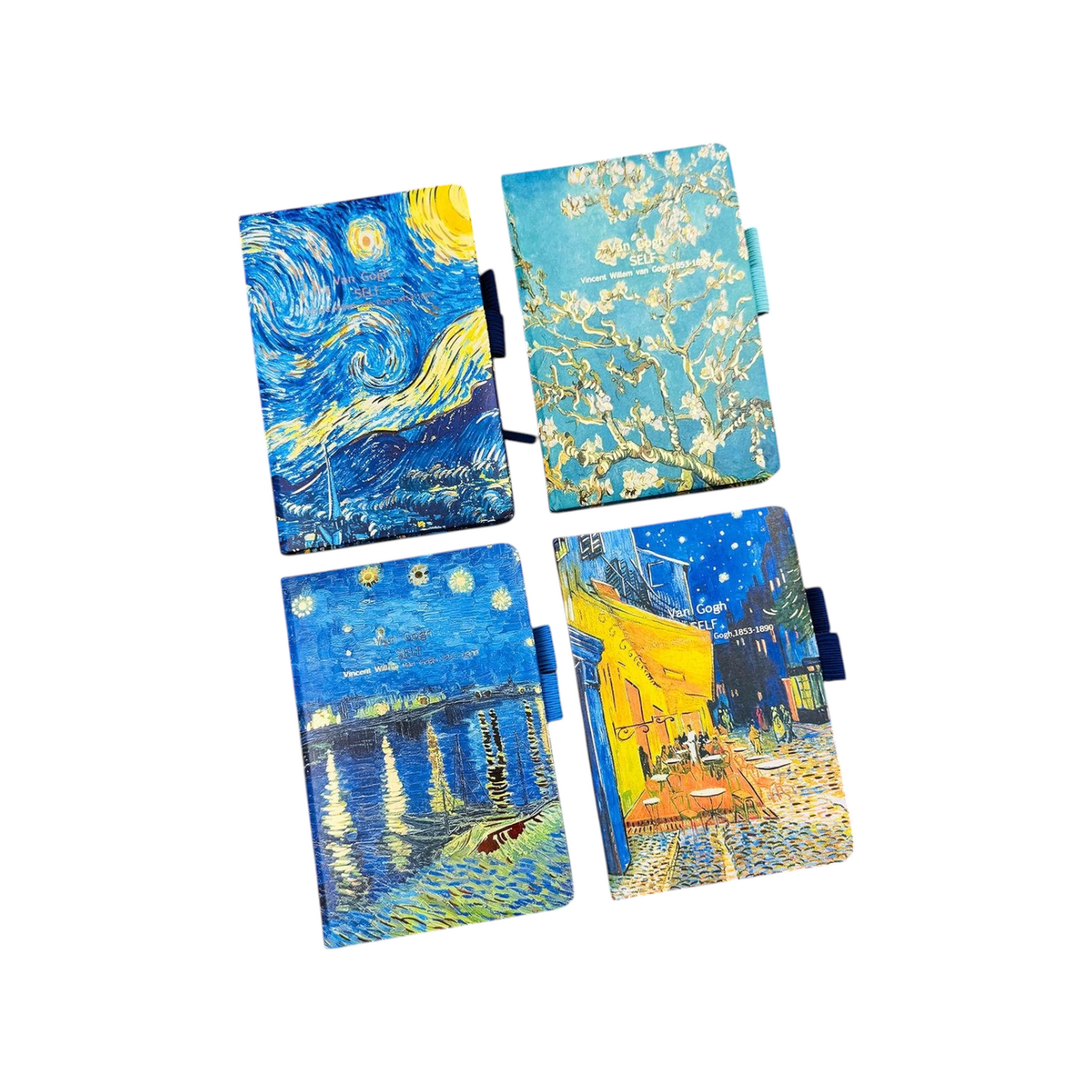 Elite Stationery House A6 hard cover notebooks featuring famous Van Gogh paintings on a vibrant red background