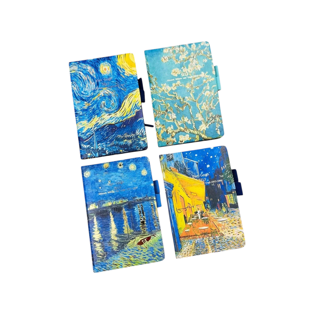 Elite Stationery House Van Gogh A6 notebooks featuring famous art prints like Starry Night on durable covers