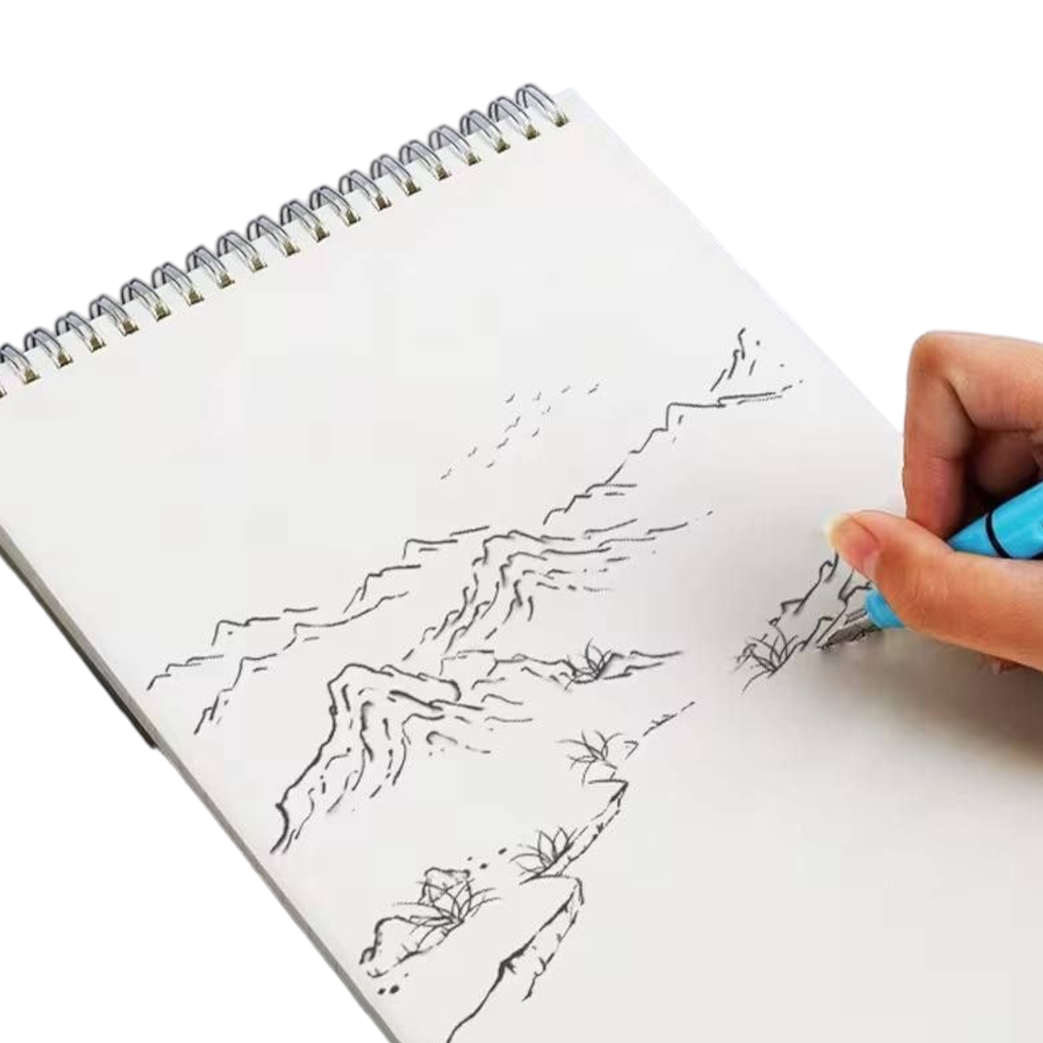 Elite Stationery House white spiral-bound sketchbook with a hand drawing a mountain landscape in ink
