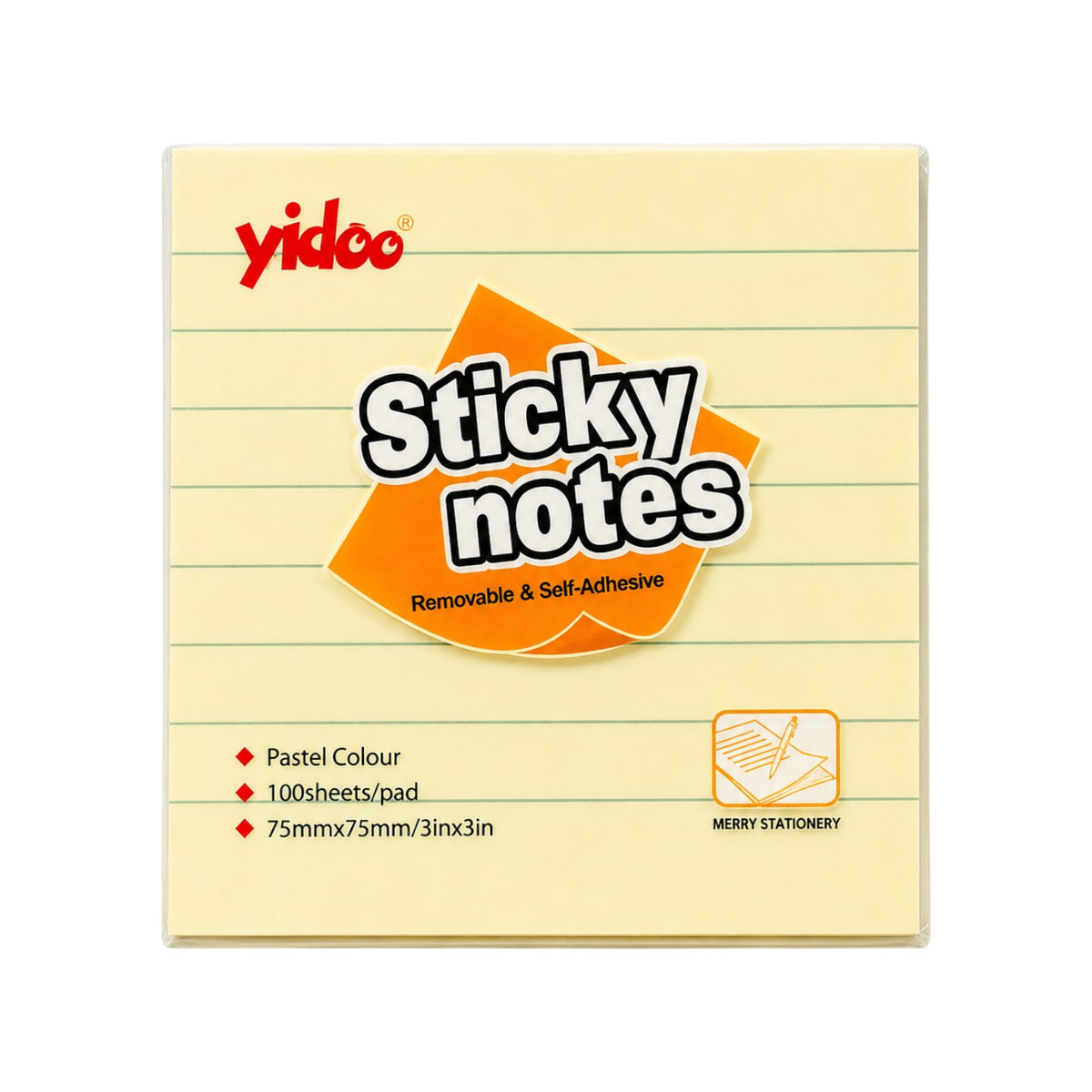Elite Stationery House Yidoo pastel yellow lined sticky notes pad, 75x75mm with 100 sheets for reminders.