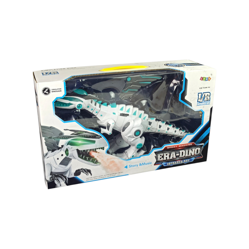 Elite Stationery House interactive white and teal dinosaur robot toy with remote control, lights, and music effects.