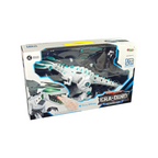 Elite Stationery House interactive white and teal dinosaur robot toy with remote control, lights, and music effects.