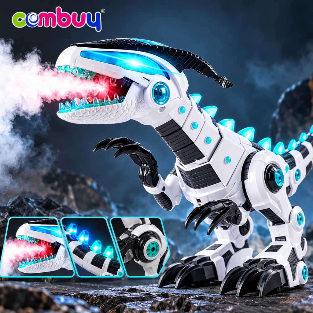 Elite Stationery House interactive white and black robot dinosaur toy with blue LED lights and mist spray effect