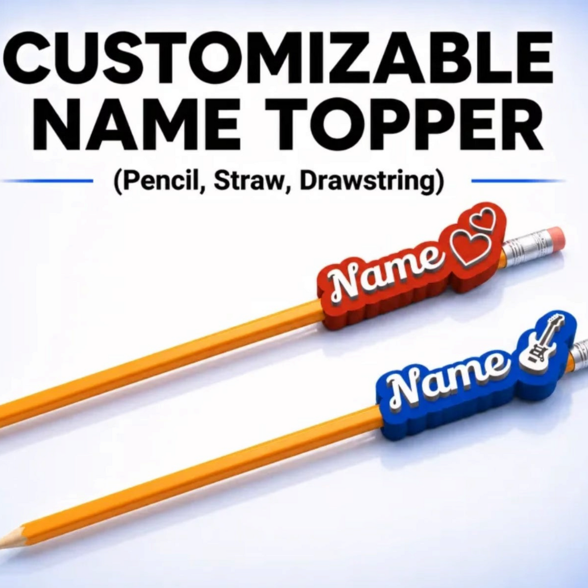 Elite Stationery House personalized 3D printed plastic pencil toppers with custom names and cute heart or guitar icons