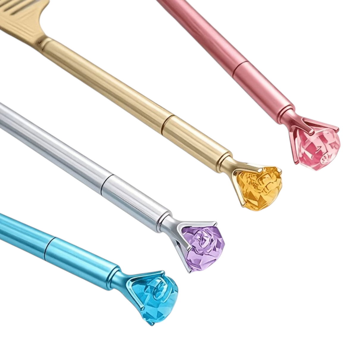 Elite Stationery House comb pens in gold, silver, blue, and pink with decorative crystal toppers for office use