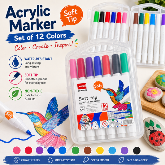 Acrylic Marker - Soft Tip, Set of 12 Colors, Water-Resistant Paint Pens