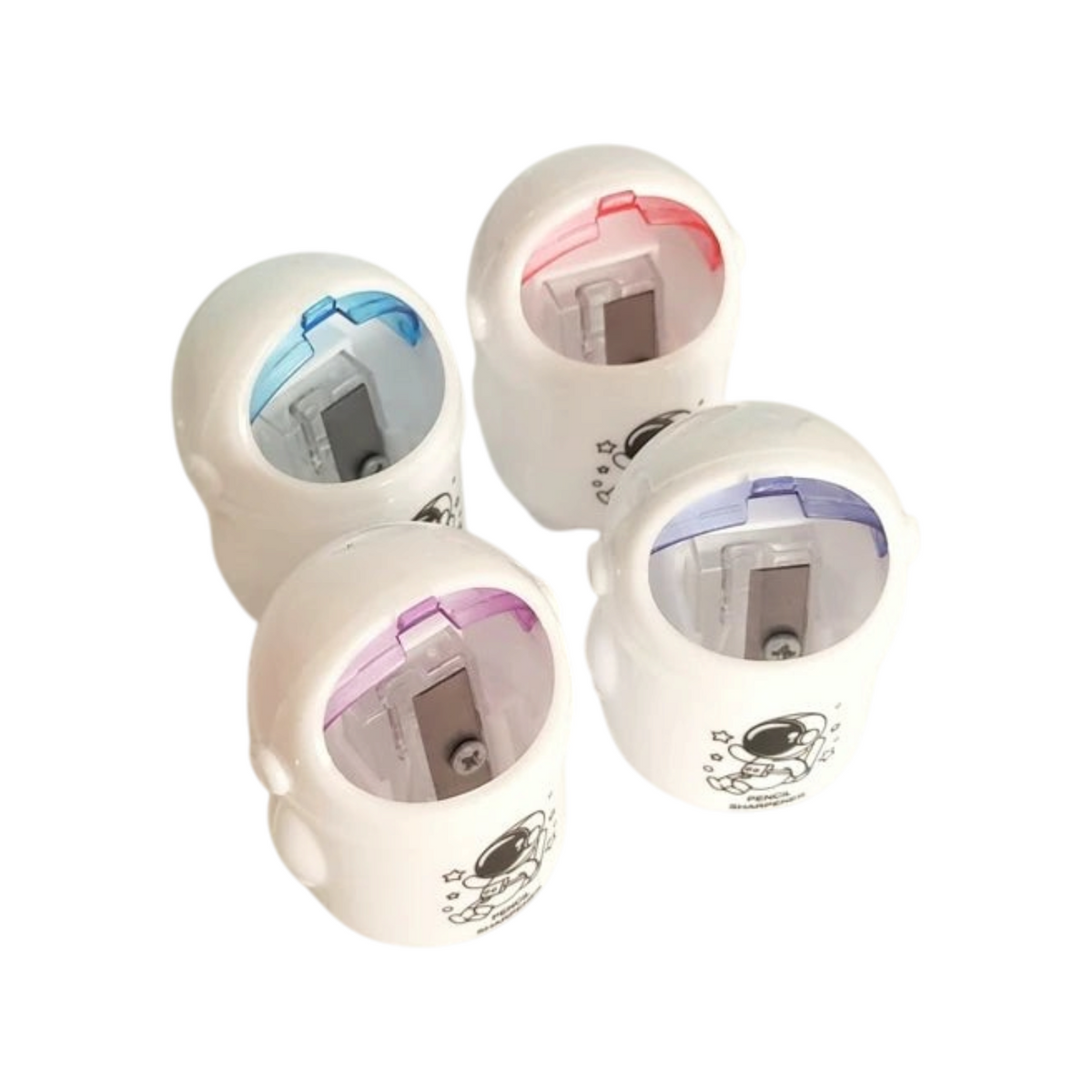 Elite Stationery House white astronaut-shaped pencil sharpeners with colorful accents on a white surface