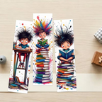 Elite Stationery House set of three bookmarks featuring cute abstract illustrations of little boys reading and writing.