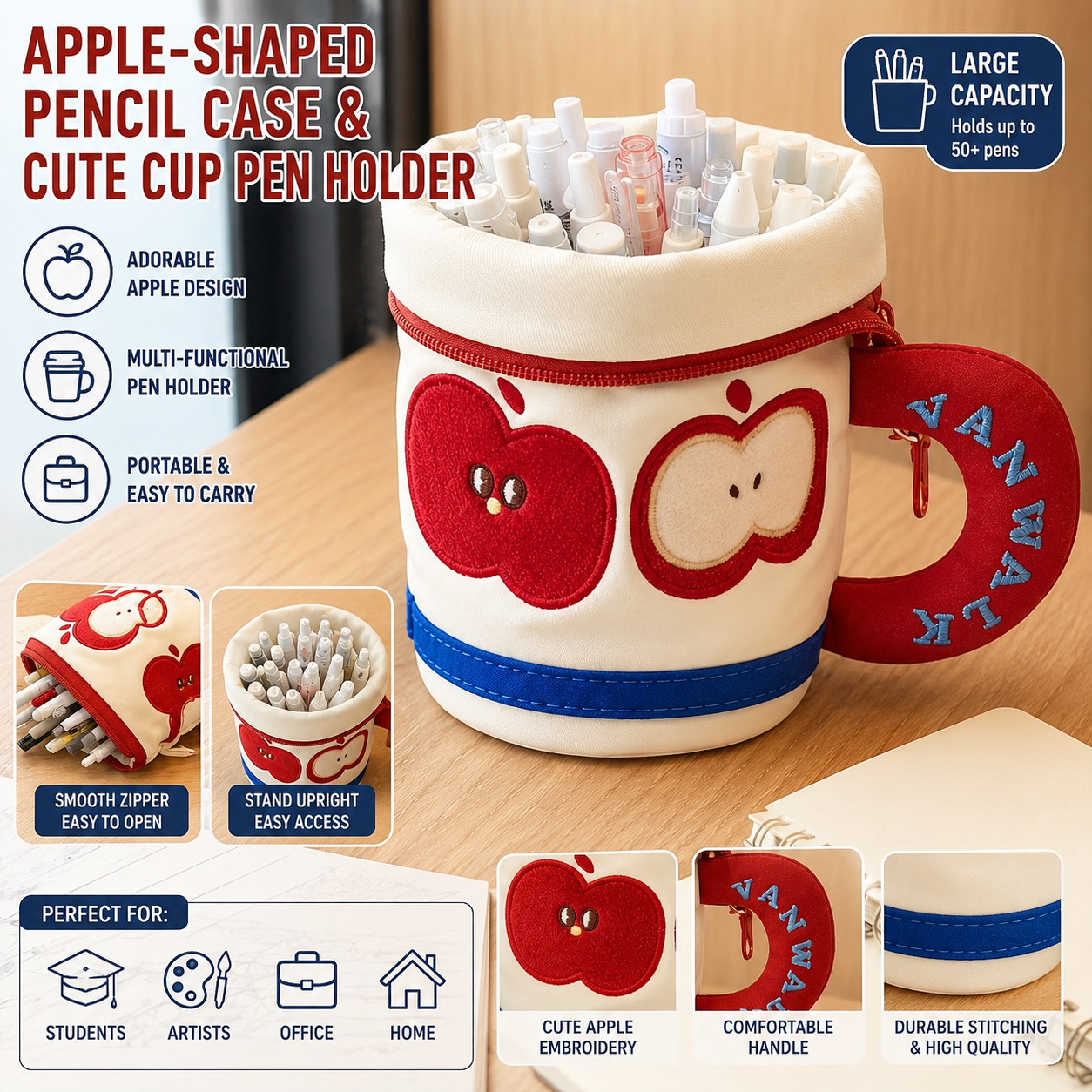 Creative Apple-Shaped Large Capacity Pencil Case, Cute Cup Pen Holder