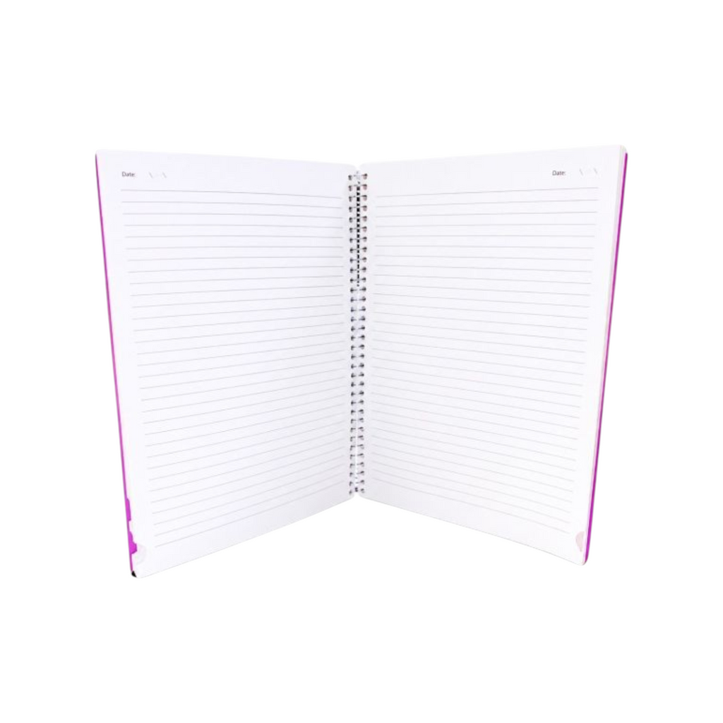 Elite Stationery House A4 spiral-bound notebook open to show white lined pages and neon green dividers