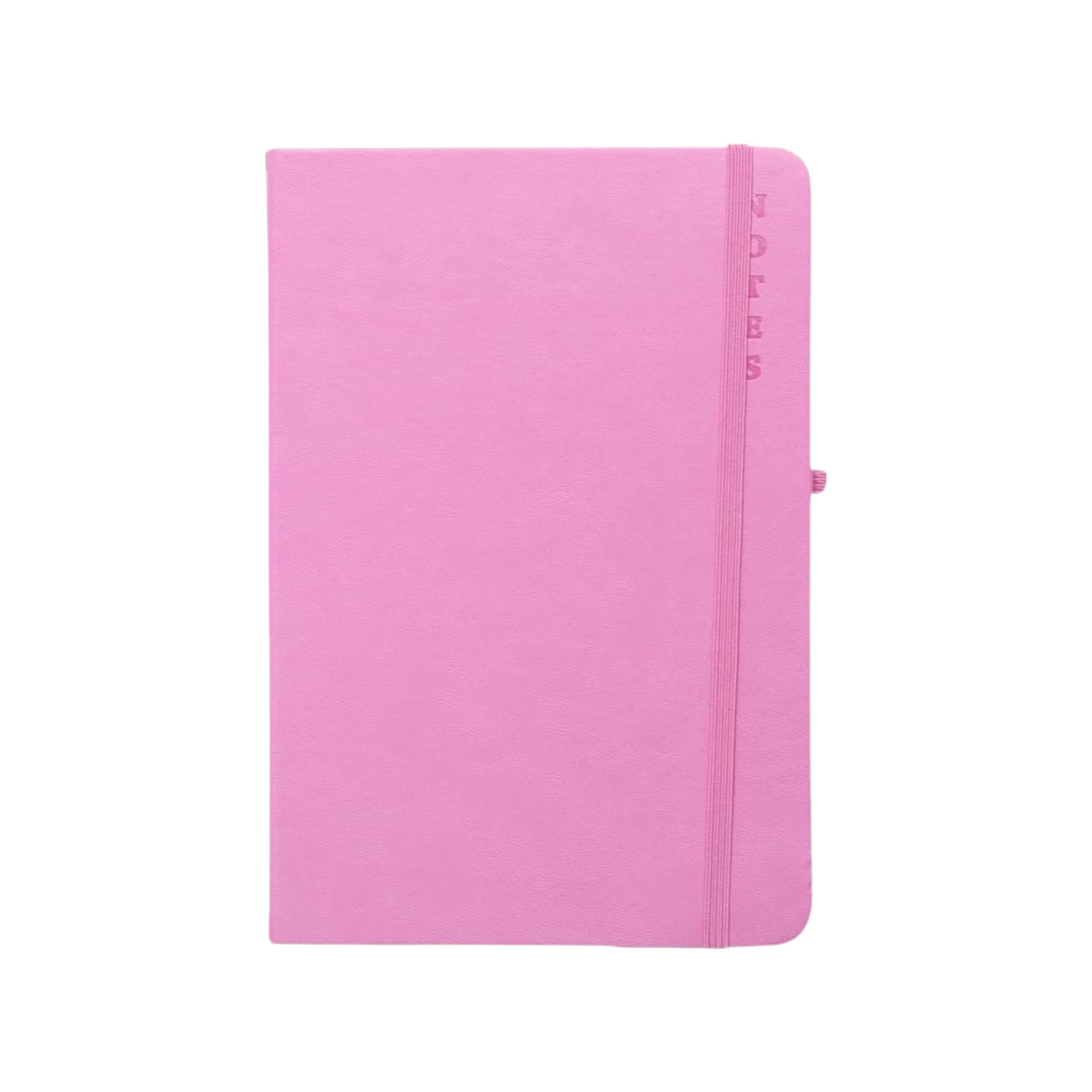 Elite Stationery House A5 pink hard cover notebook with elastic closure band and embossed notes text on the side