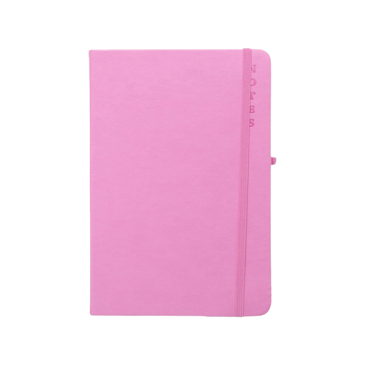Elite Stationery House A5 pink hard cover notebook with elastic closure band and embossed notes text on the side
