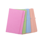 Elite Stationery House A5 notebooks in pastel pink, green, blue, and peach with elastic closures and ruled cream paper