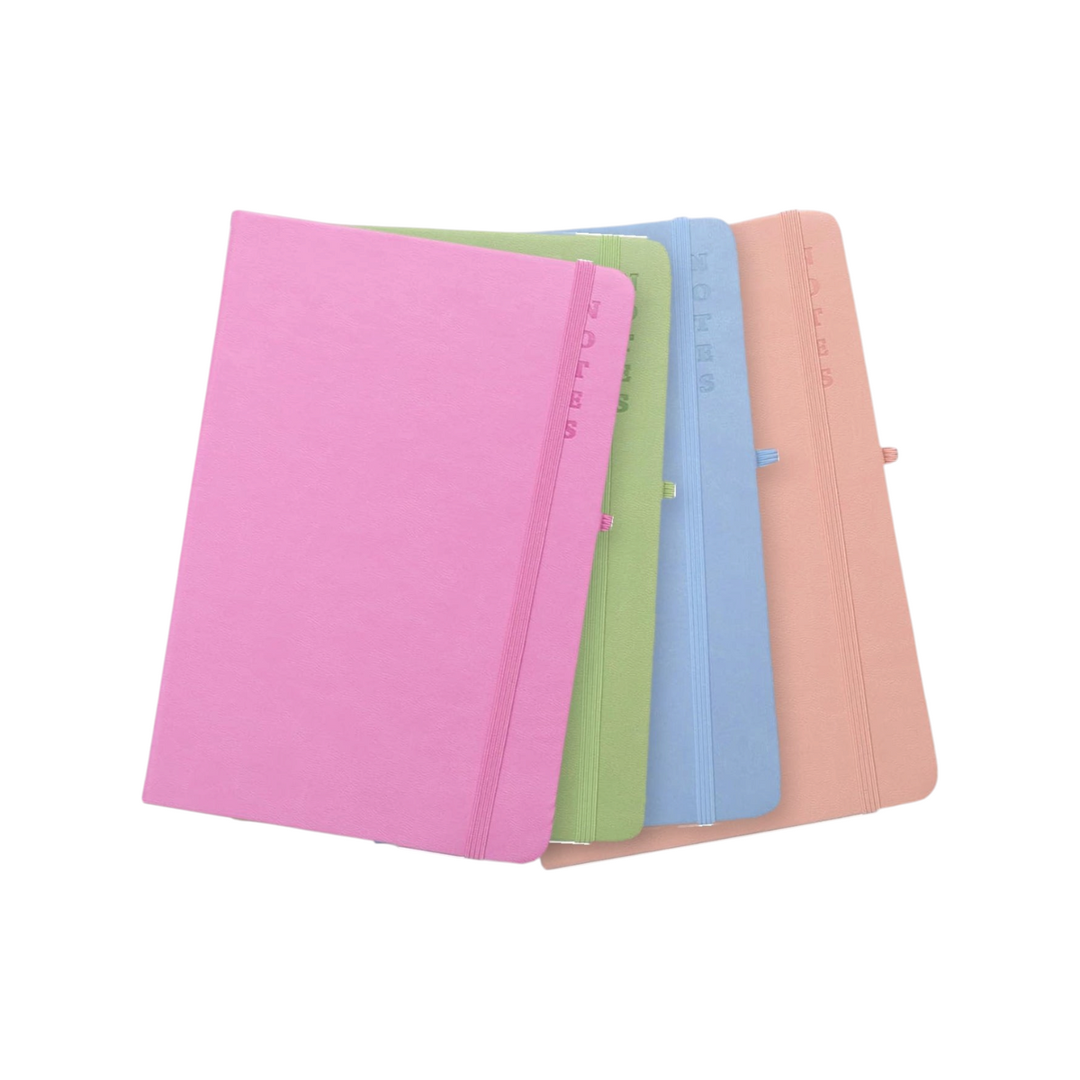 Elite Stationery House A5 notebooks in pastel pink, green, blue, and peach with elastic closures and ruled cream paper