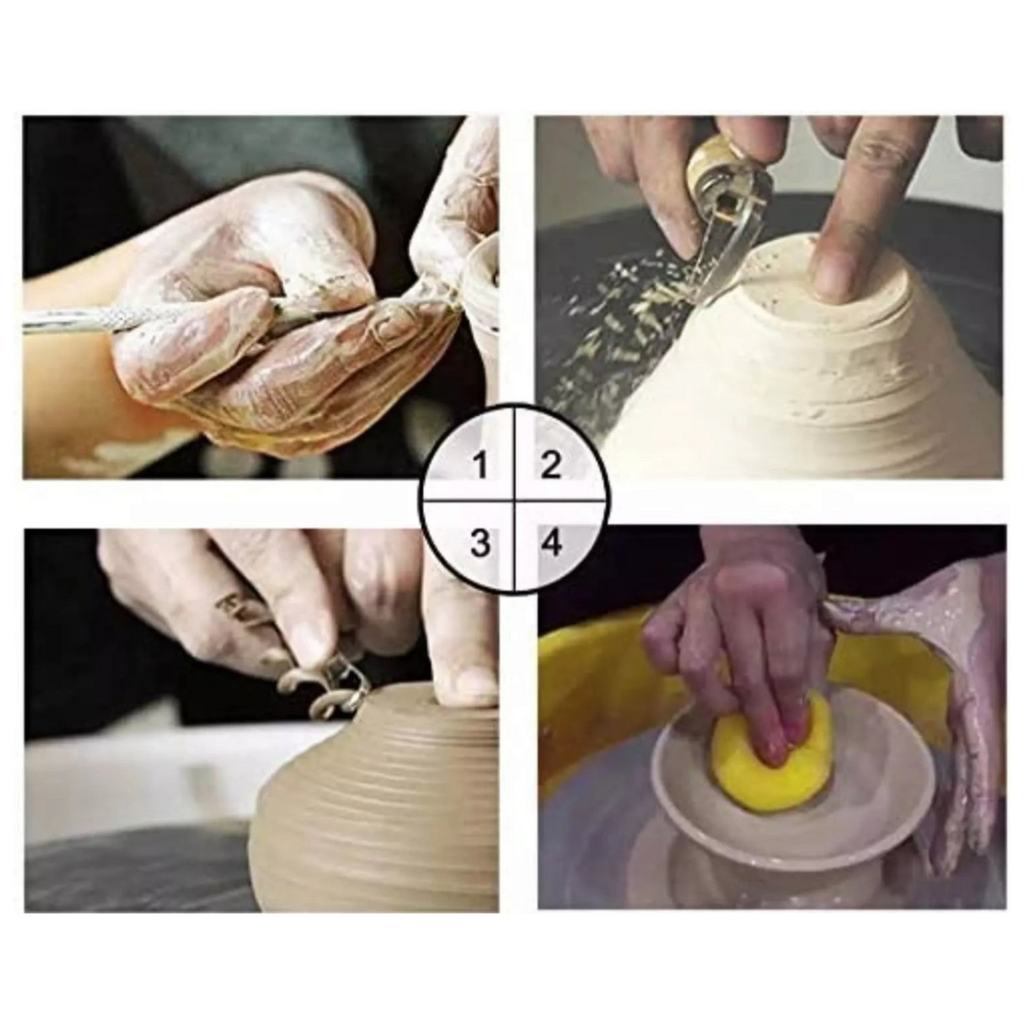 Elite Stationery House 8-piece pottery tool kit showing hands using carving, sculpting, and modeling tools on clay.