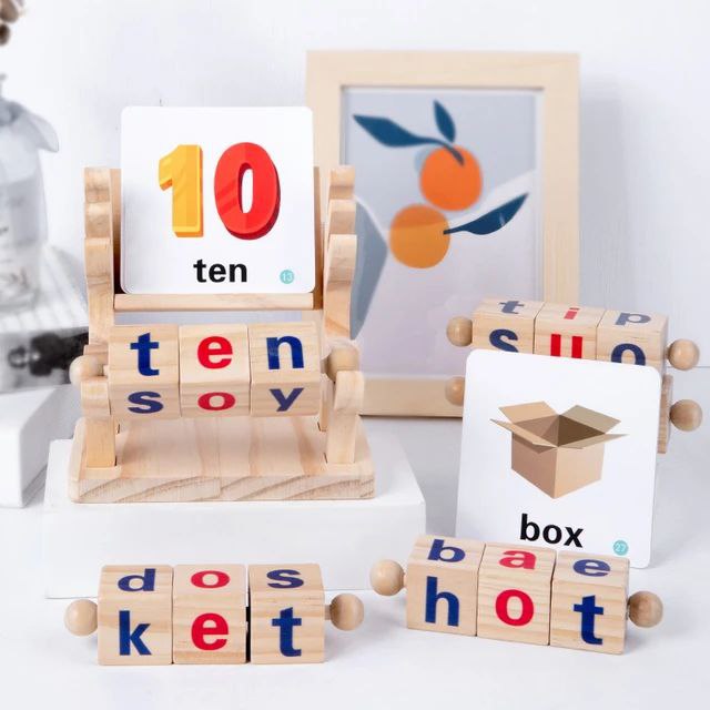 Wooden Reading Blocks | Rotating Letter Puzzles for Kids