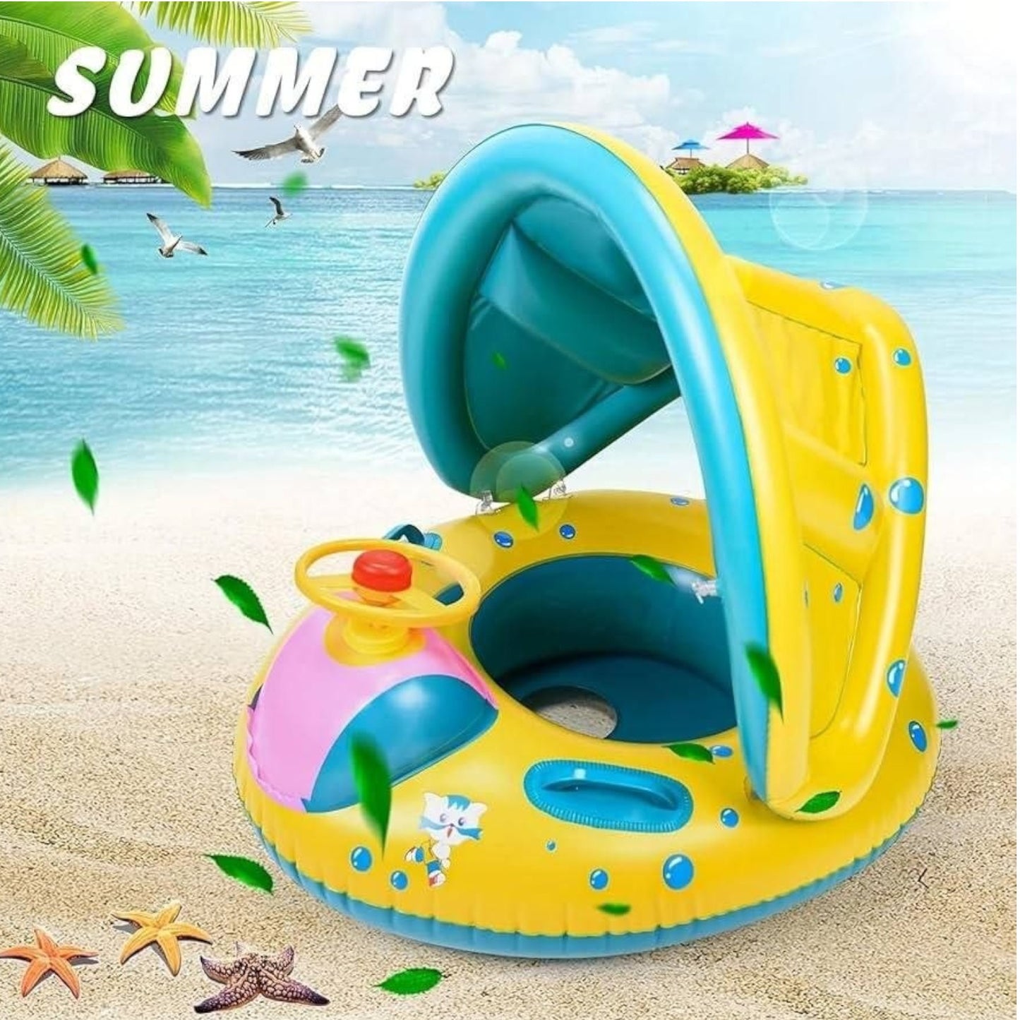 Inflatable Float with Protective Canopy, Steering Wheel Car Design