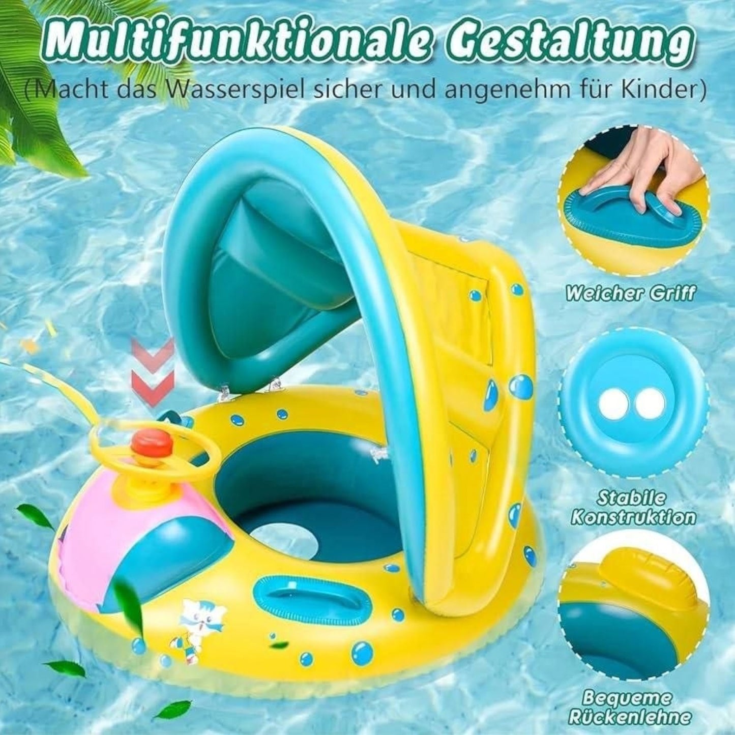 Inflatable Float with Protective Canopy, Steering Wheel Car Design