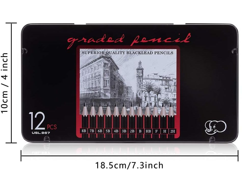 Pencil - Set Of 12 PCS, For Sketching & Drawing, Pack With Metal Storage Box