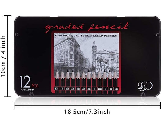 Pencil - Set Of 12 PCS, For Sketching & Drawing, Pack With Metal Storage Box