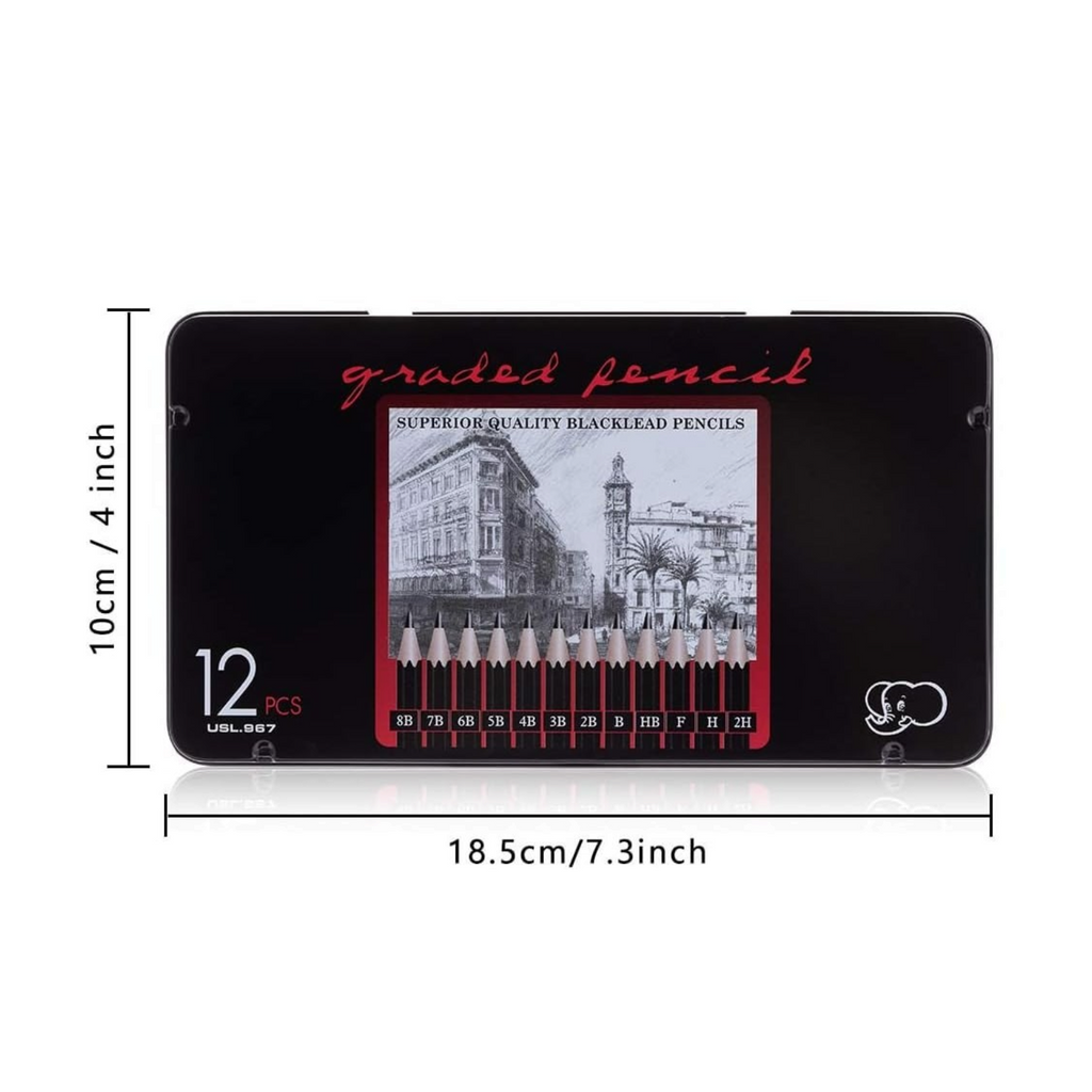 Elite Stationery House 12-piece graded graphite pencil set in a black metal storage tin for sketching and drawing.