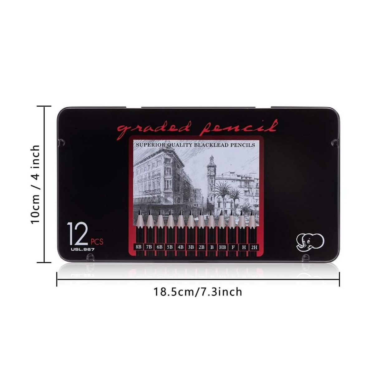 Elite Stationery House 12-piece graded graphite pencil set in a black metal storage tin for sketching and drawing.