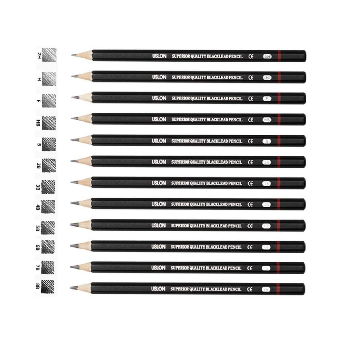 Elite Stationery House 12-piece graphite drawing pencil set featuring various grades from 2H to 8B for sketching.