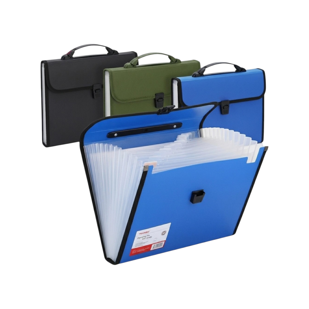 Elite Stationery House 12-pocket accordion file folders in black, olive green, and blue with carrying handles.
