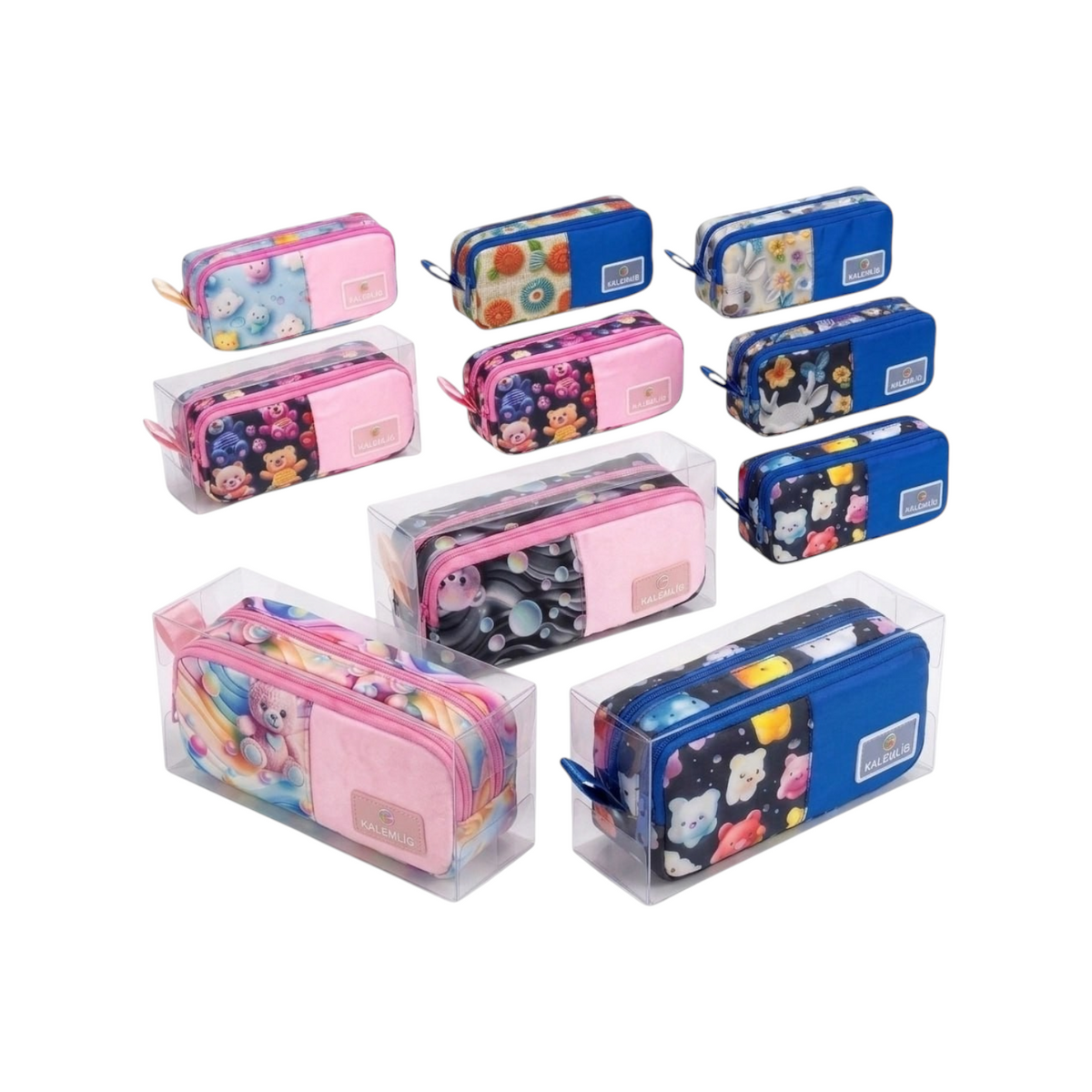 Elite Stationery House 3D double-zipper pencil cases in various colorful patterns and teddy bear designs