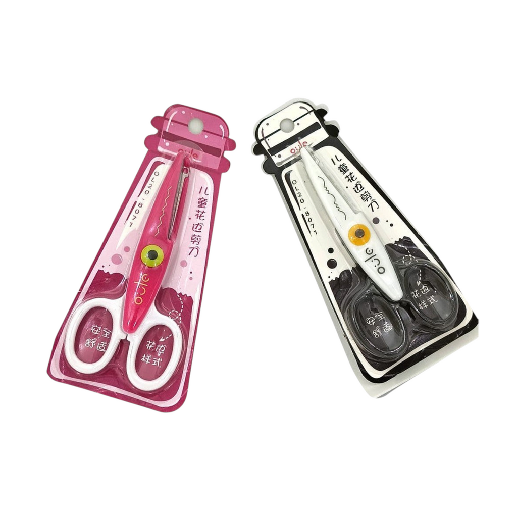 Elite Stationery House Oulo kids craft scissors with pink and black ergonomic handles and decorative blunt blades