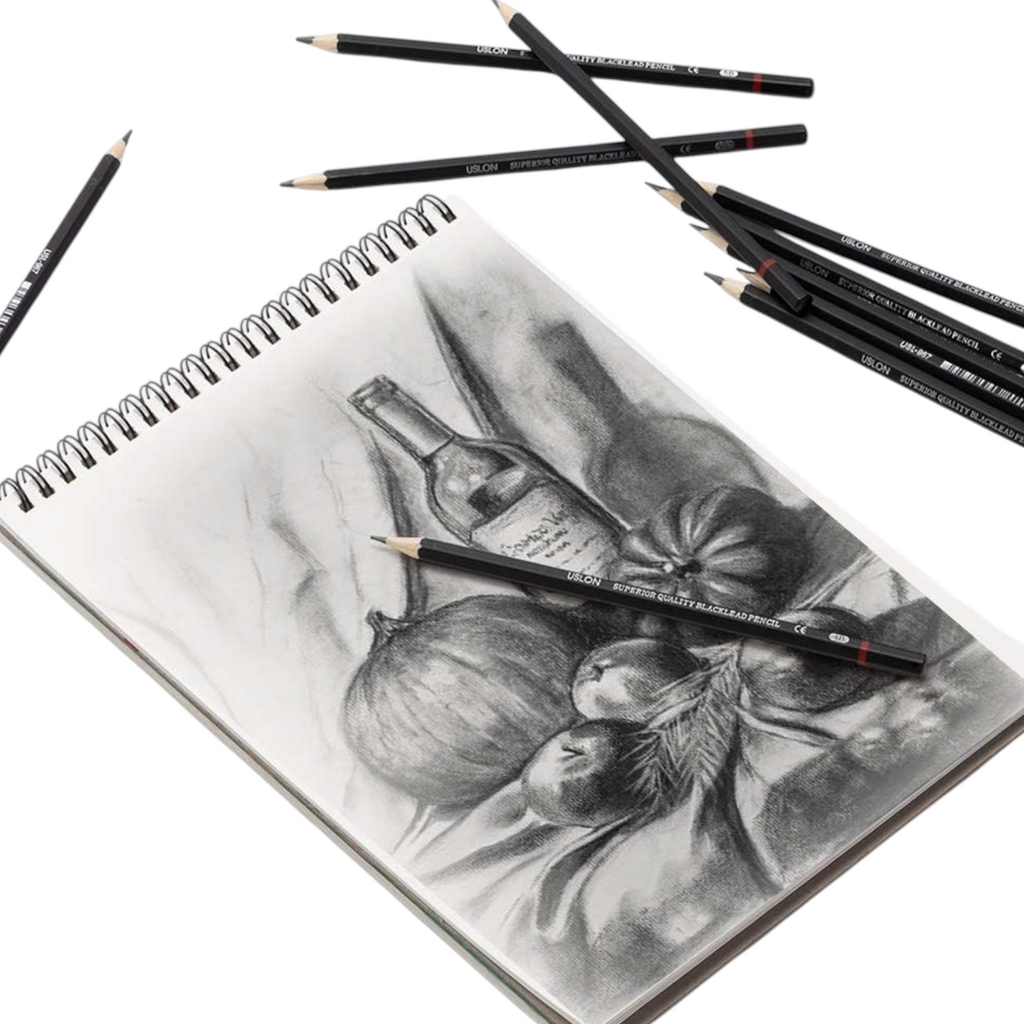 Elite Stationery House 12-piece graphite pencil set for sketching and shading with a spiral-bound drawing pad