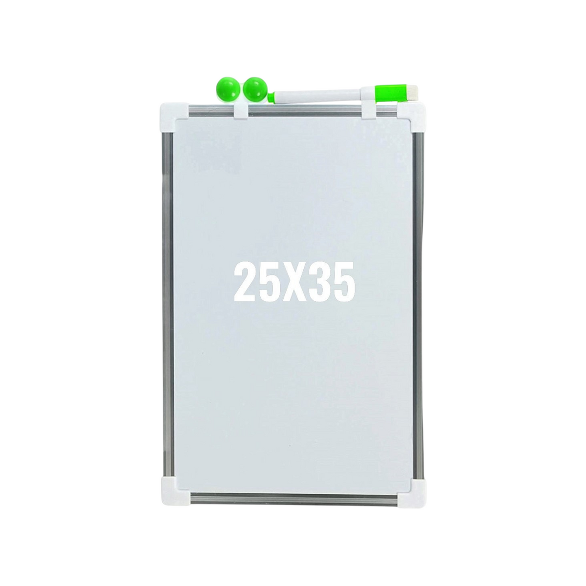 Elite Stationery House 25x35 cm whiteboard with a metal frame, including a green marker pen and eraser.
