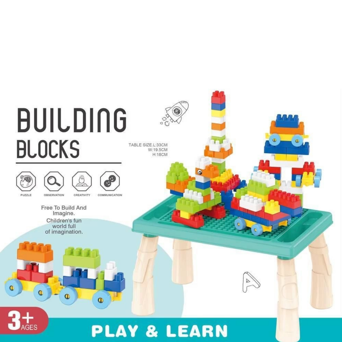 Elite Stationery House building blocks table set with 100 colorful plastic bricks and a small toy train
