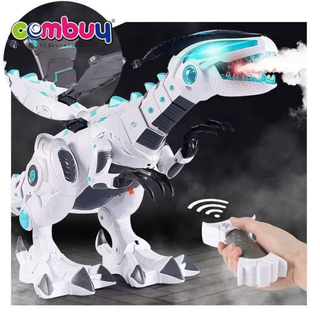 Elite Stationery House interactive white and black robot dinosaur toy with remote control, lights, and mist effect.