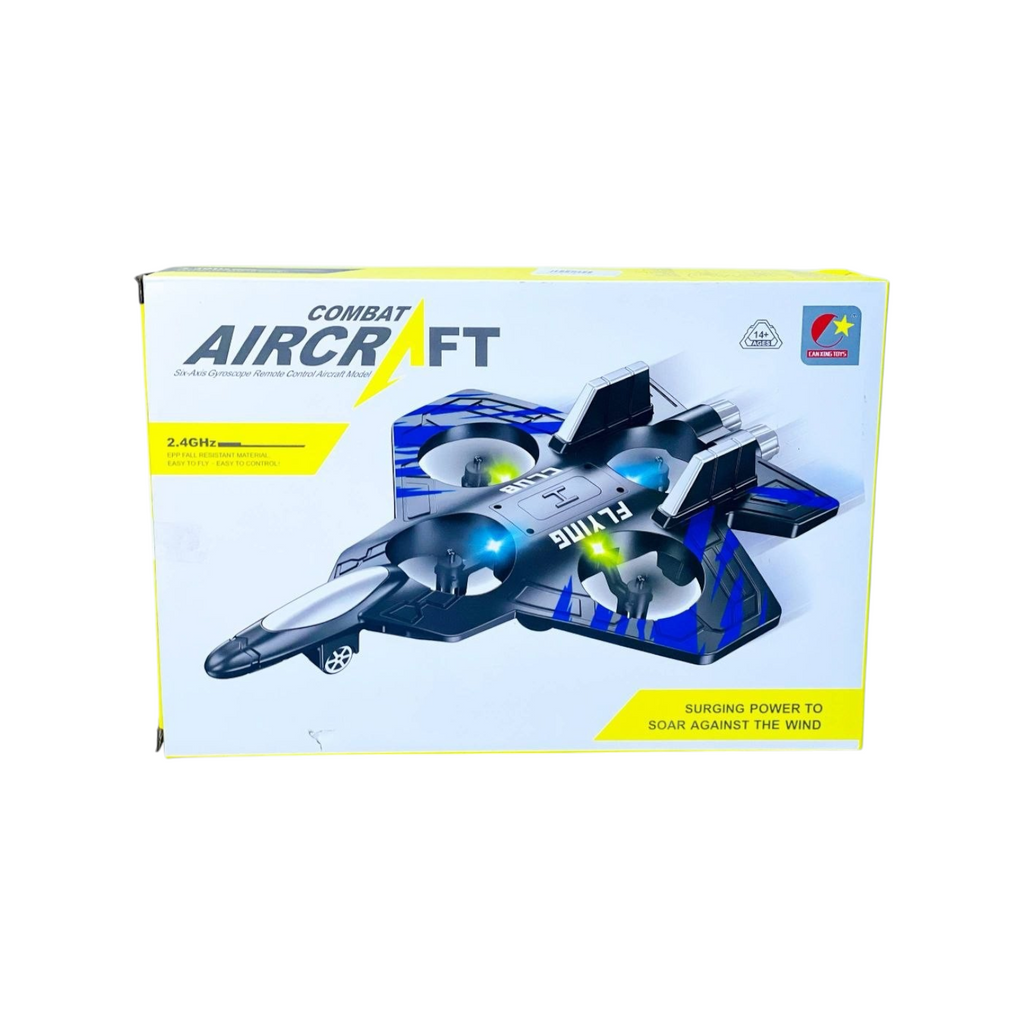 Elite Stationery House remote control fighter airplane drone with blue and gray design and multicolored LED lights