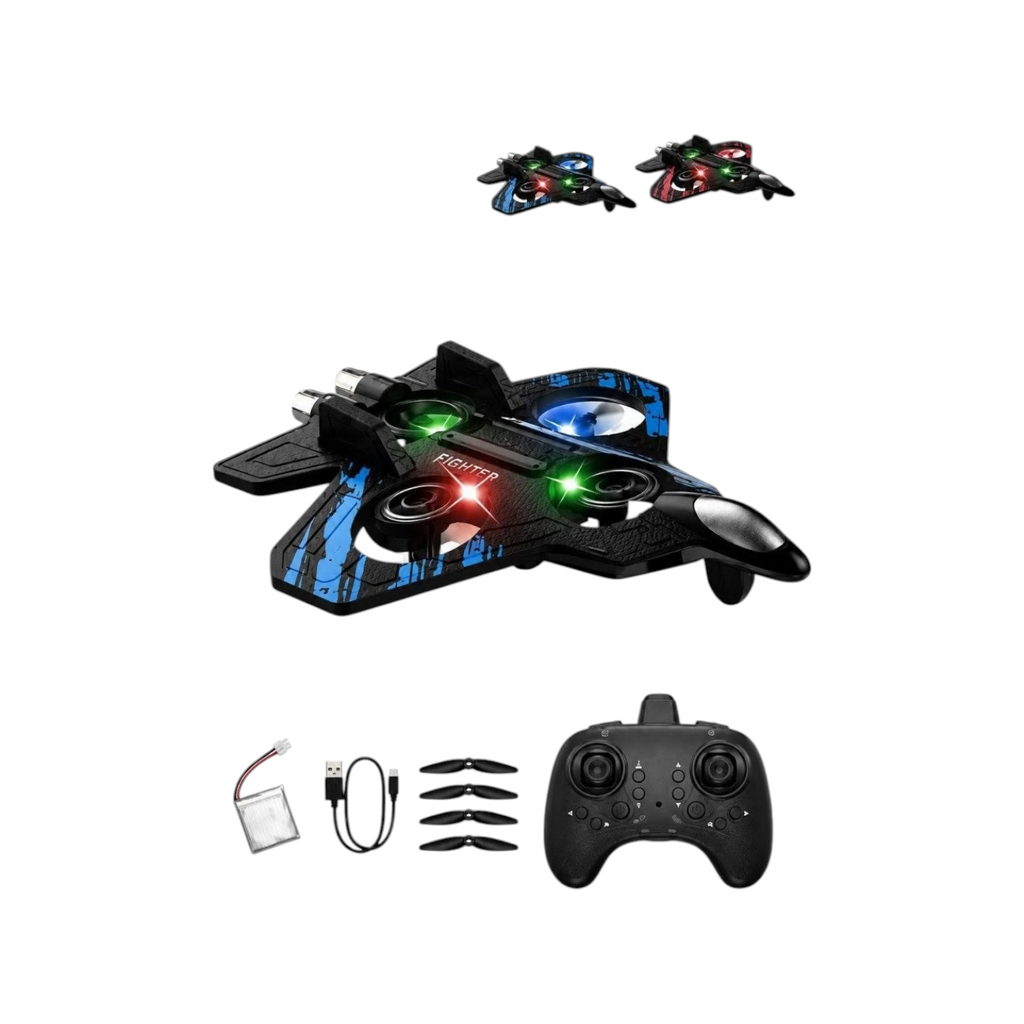 Elite Stationery House remote control fighter drone with blue and black military design and multicolored LED lights