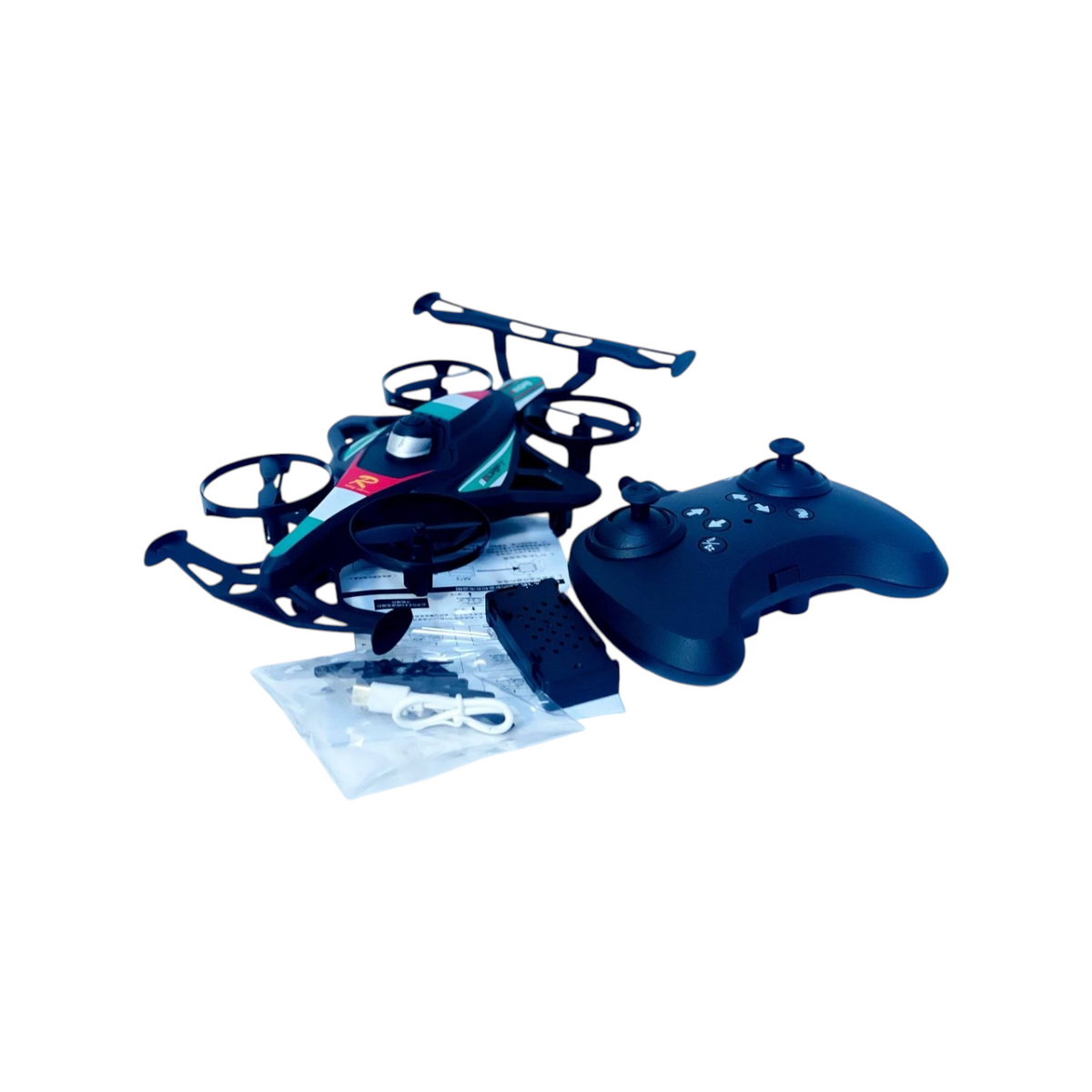 Elite Stationery House 2-in-1 RC flying car and stunt drone with remote control, battery, and charging cable.