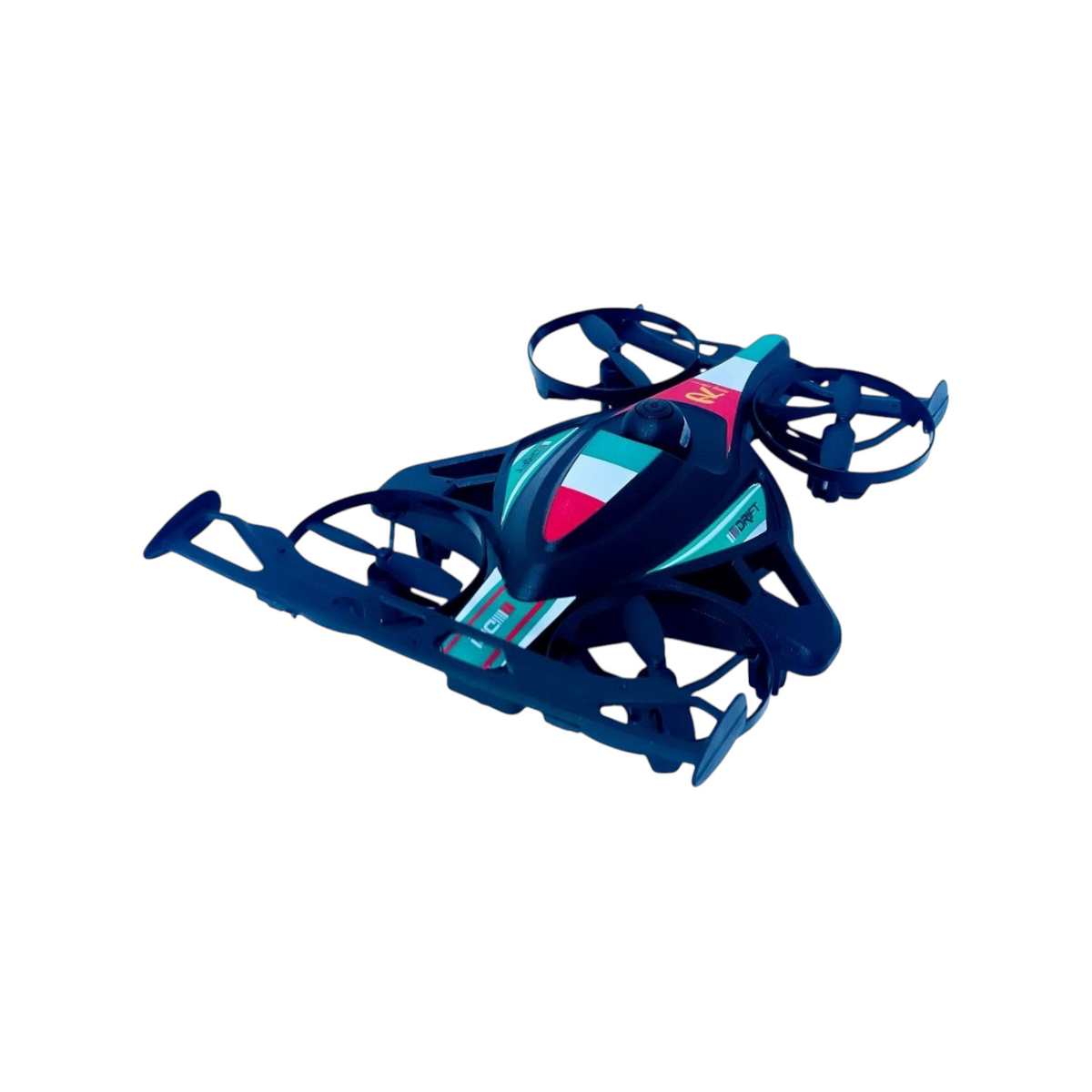 Elite Stationery House 2-in-1 black RC flying car and stunt drone with green, white, and red racing decals