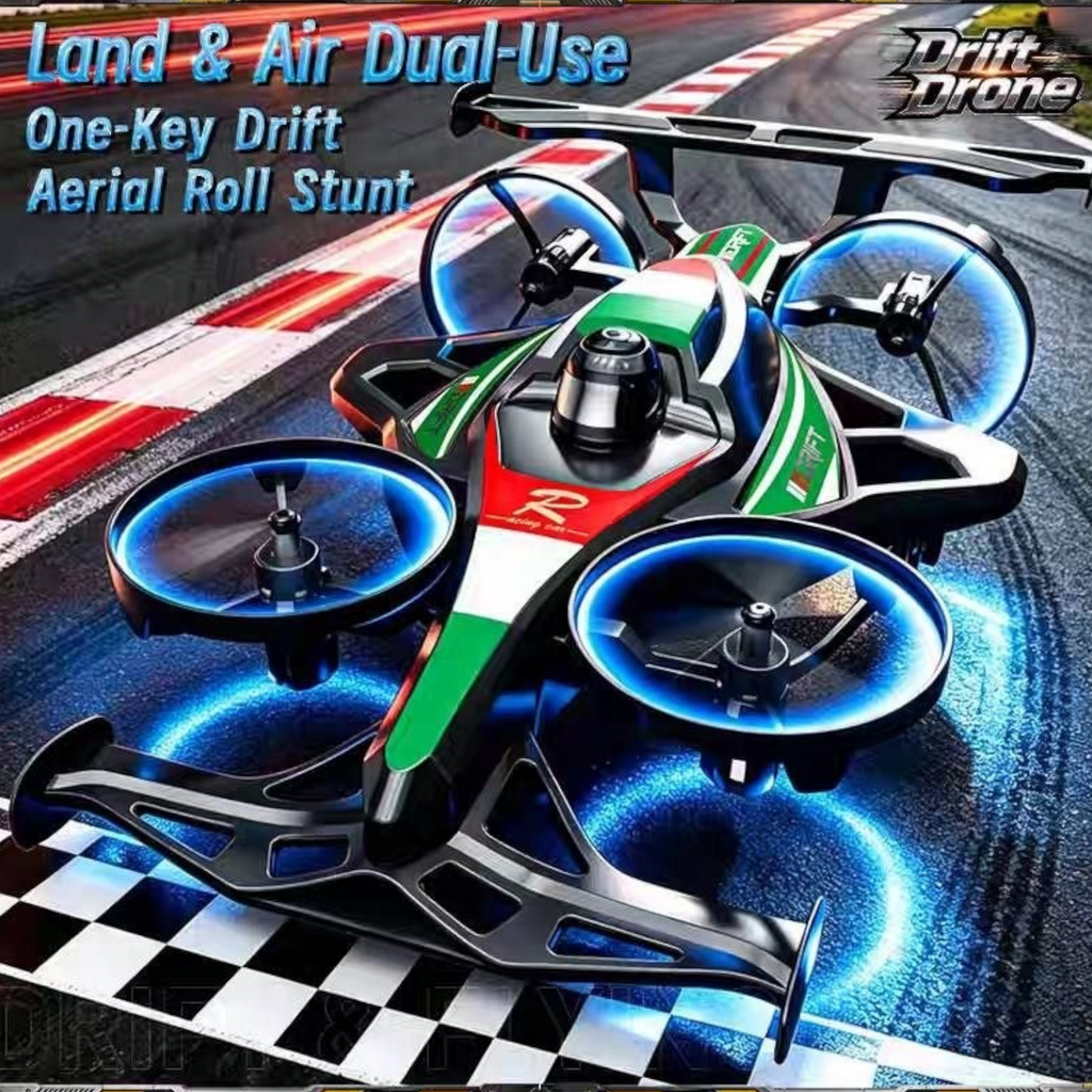 Elite Stationery House 2-in-1 RC flying car and stunt drone with green, white, and red racing livery on a track.