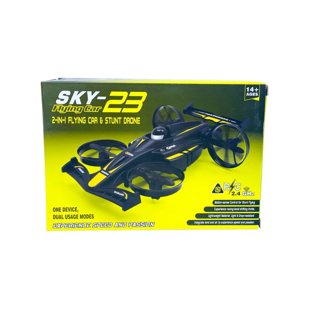 Elite Stationery House DEERC HT35 2-in-1 black and yellow RC flying car and stunt drone in its retail packaging