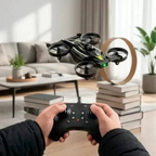 Elite Stationery House DEERC HT35 2-in-1 black mini drone car flying indoors with remote control in hands