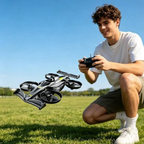 Elite Stationery House DEERC HT35 2-in-1 drone car hovering in the air while a young man controls it in a park.