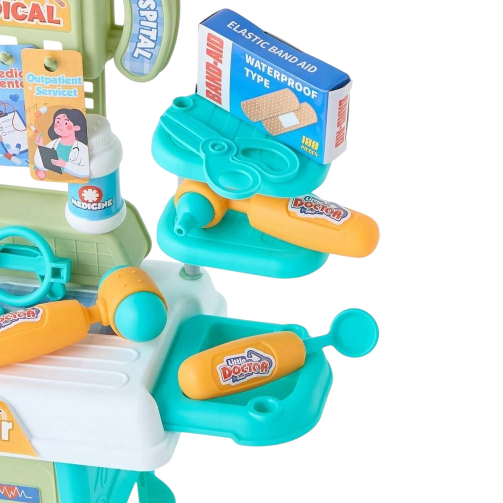 Elite Stationery House Little Doctor medical center playset with toy medical tools, medicine bottle, and bandages.