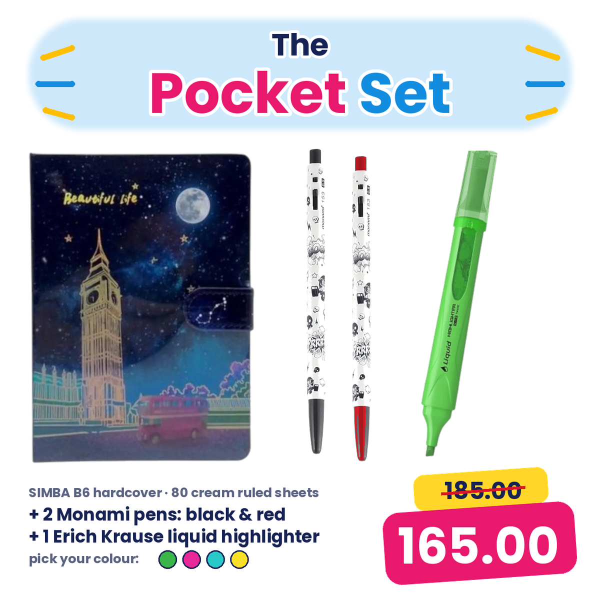 The Pocket Set – B6 Hardcover Notebook + 2 Pens + Highlighter