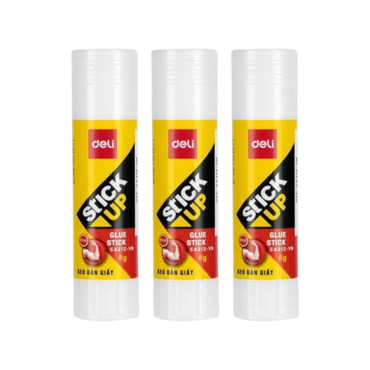 Elite Stationery House pack of three 8g Deli glue sticks with white and yellow tubes for paper and cardboard crafts.
