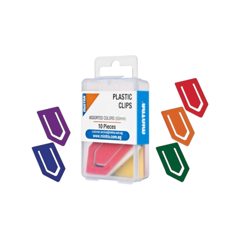 Elite Stationery House Mintra opaque plastic clips in assorted colors, 50mm size, set of 10 in a storage box.