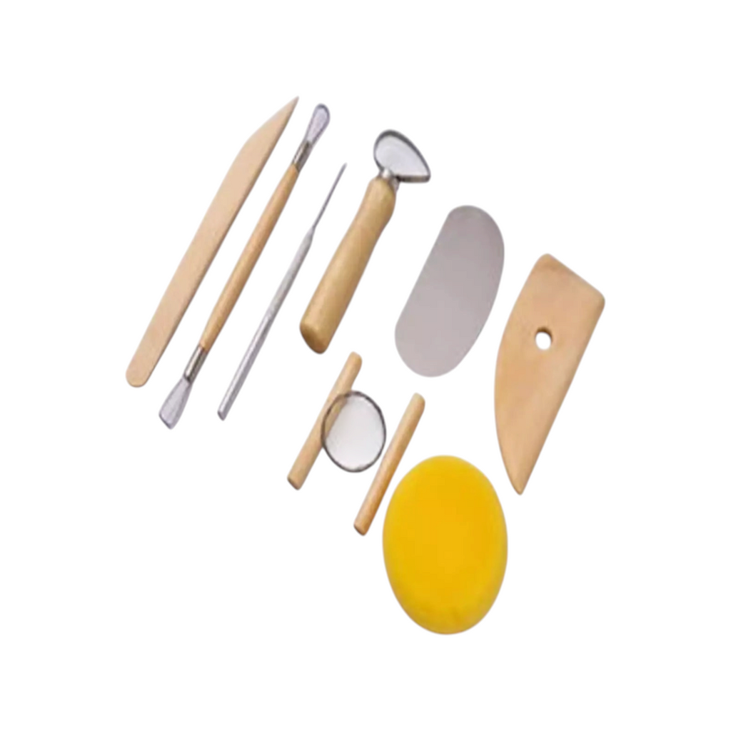 Elite Stationery House 8-piece pottery tool kit with wooden and metal sculpting tools and a yellow cleaning sponge.