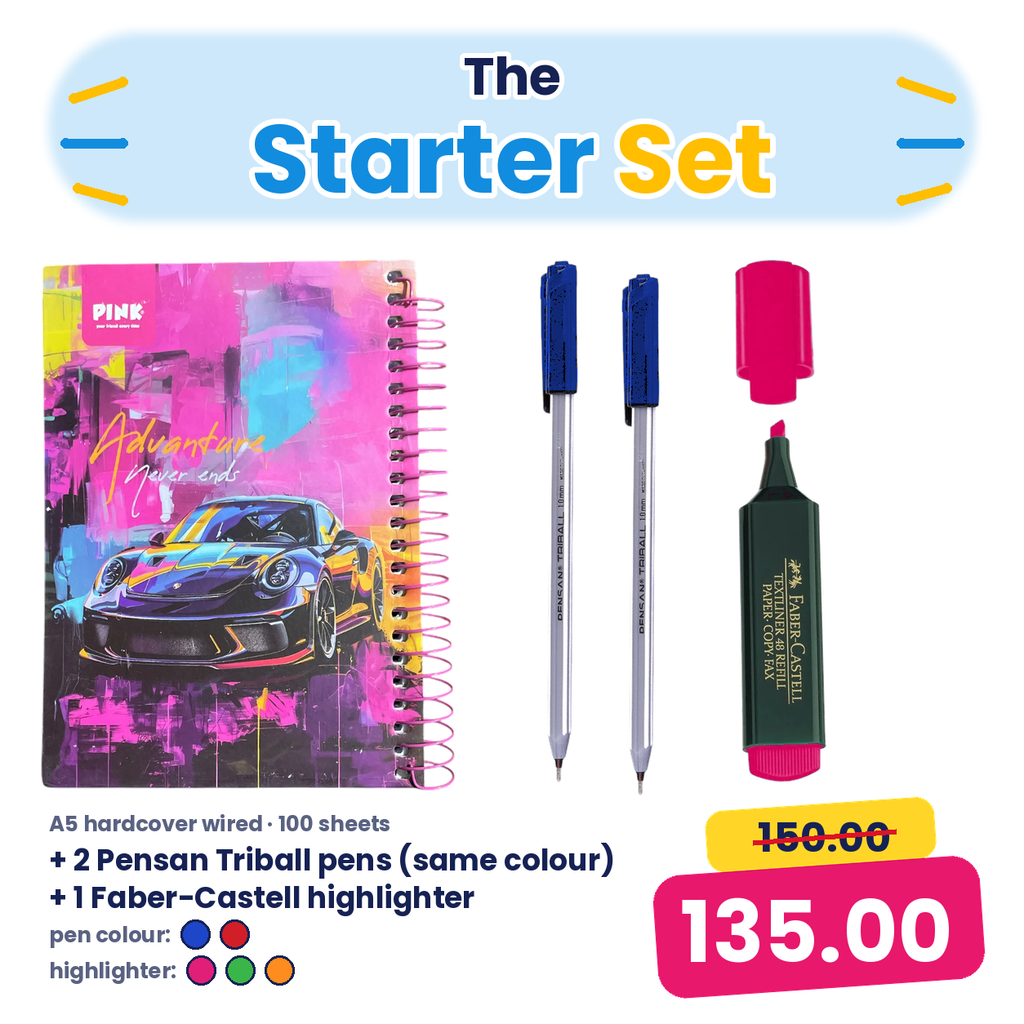 The Starter Set – A5 Hardcover Wired Notebook + 2 Pens + Highlighter