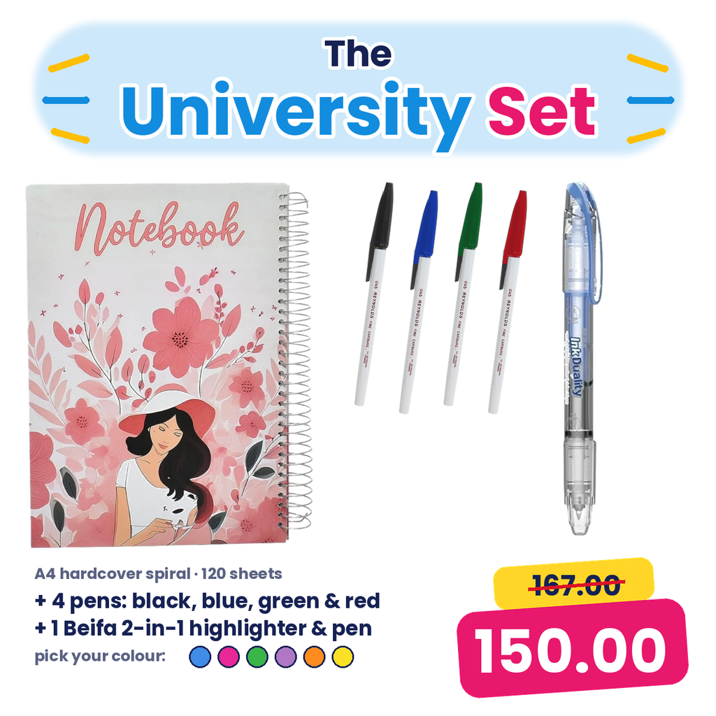 The University Set – A4 Hardcover Notebook + 4 Pens + 2-in-1 Highlighter